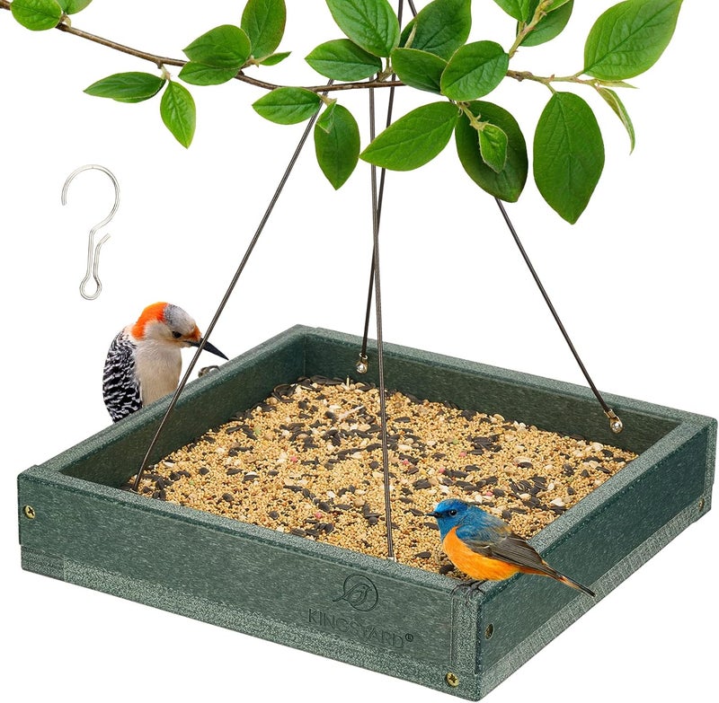 Kingsyard Platform Mealworm Bird Feeder for Outside, Recycled Plastic Hanging Tray Bird Feeders with Large Capacity 3.5 lbs, Premium Quality & Durable, Great for Attracting Wild Birds, Green - Image 1